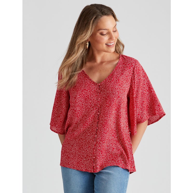 Buy ROCKMANS - Womens Tops - Elbow Flutter Sleeve Woven Top - MyDeal