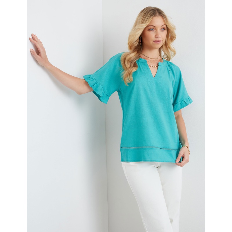 Buy ROCKMANS Womens Tops Elbow Sleeve Frill Detail Woven Top MyDeal