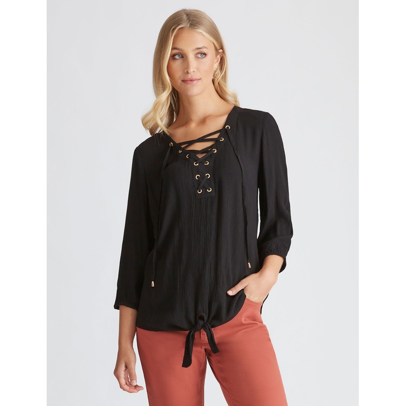 Buy ROCKMANS Womens Tops Elbow Sleeve Tie Front Shirt MyDeal