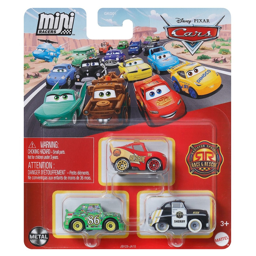 Disney Pixar Cars Mini Racers Diecast Car 3 Pack (Chick Hicks, Lightning McQueen, Sheriff)
