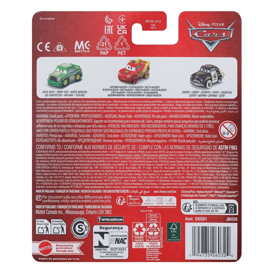 Disney Pixar Cars Mini Racers Diecast Car 3 Pack (Chick Hicks, Lightning McQueen, Sheriff)