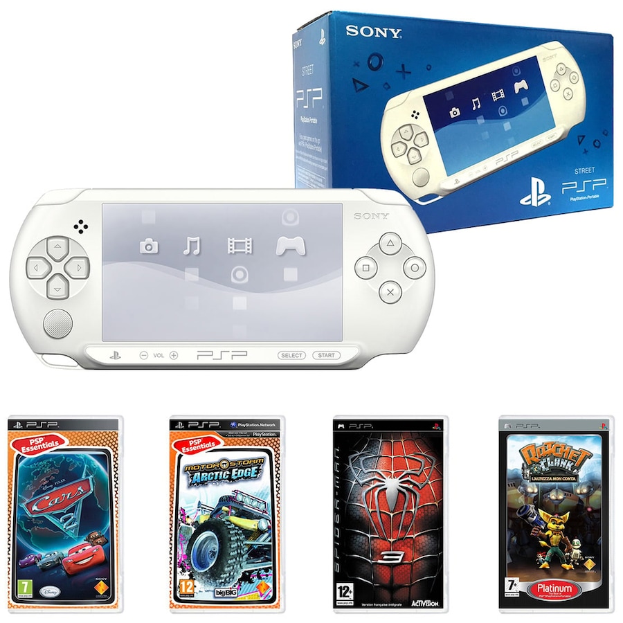 PlayStation Portable E-1000 Console (White) + 4 Games (Pack 4)