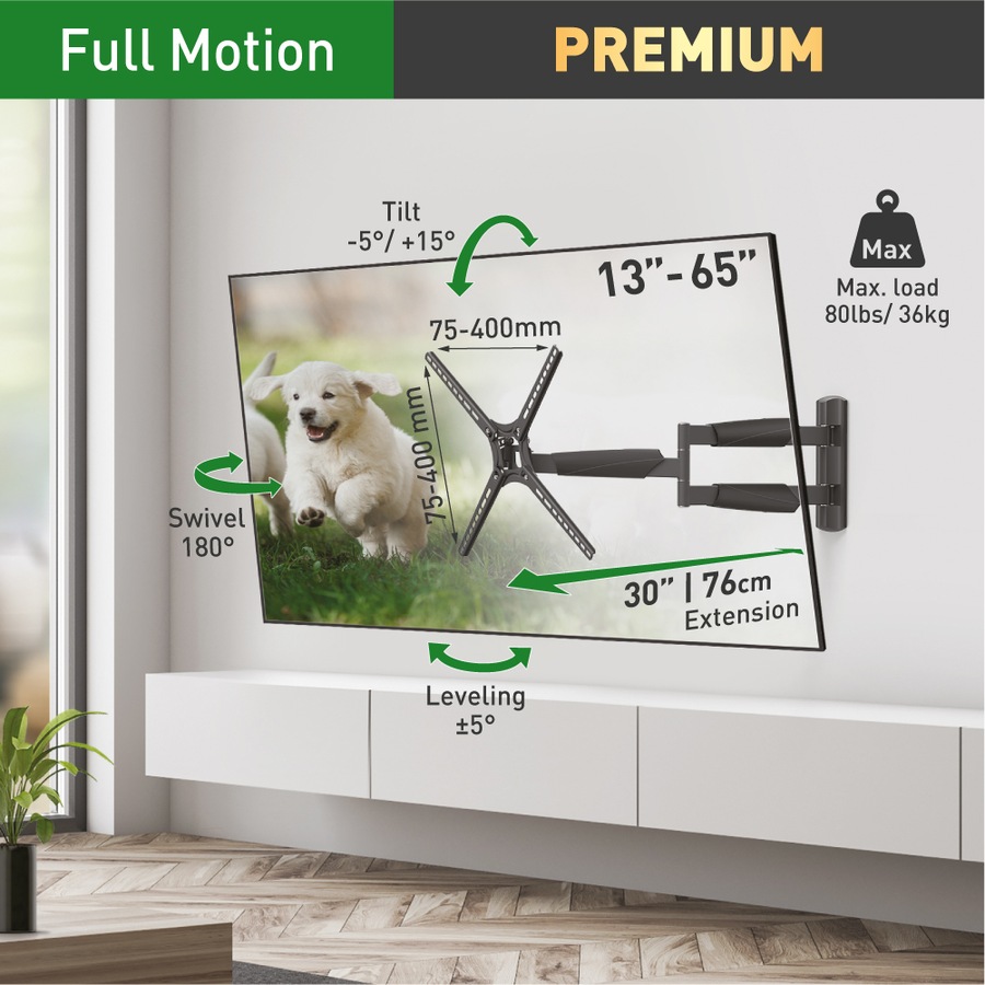 Barkan Full Motion Extra Long TV Wall Mount, 13" - 65" Inch Size, Black