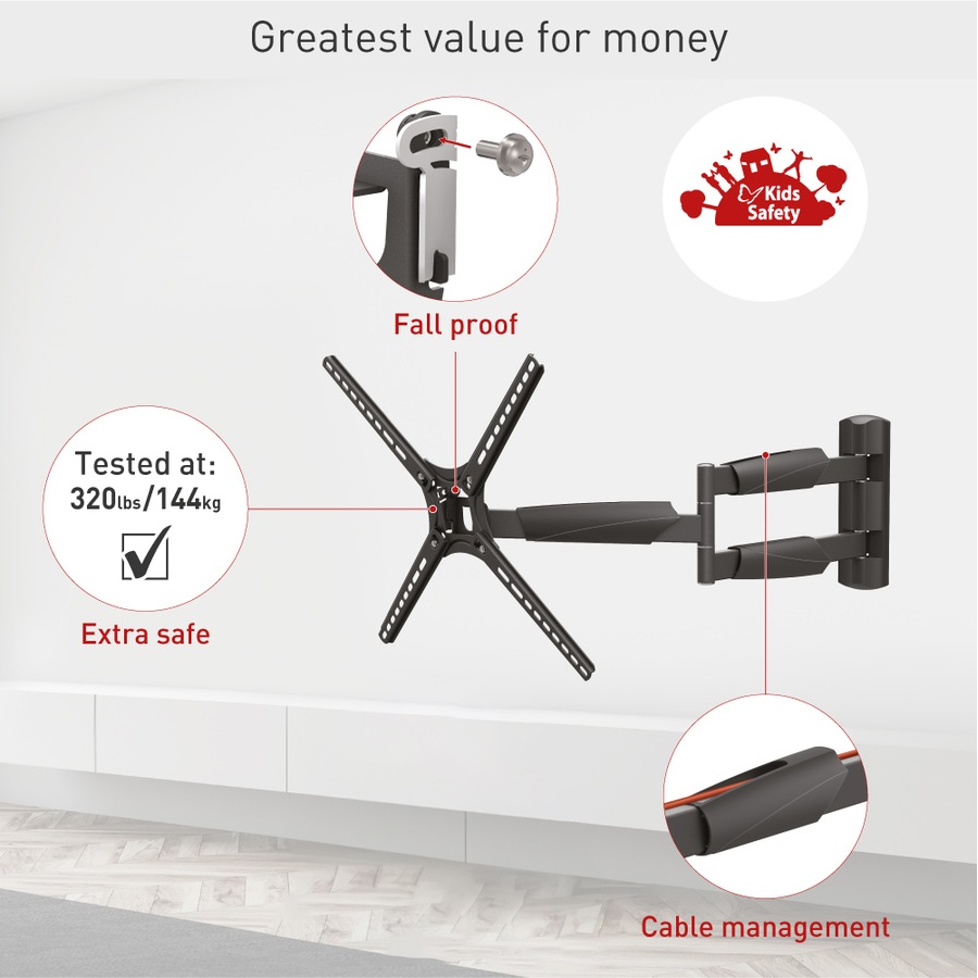 Barkan Full Motion Extra Long TV Wall Mount, 13" - 65" Inch Size, Black