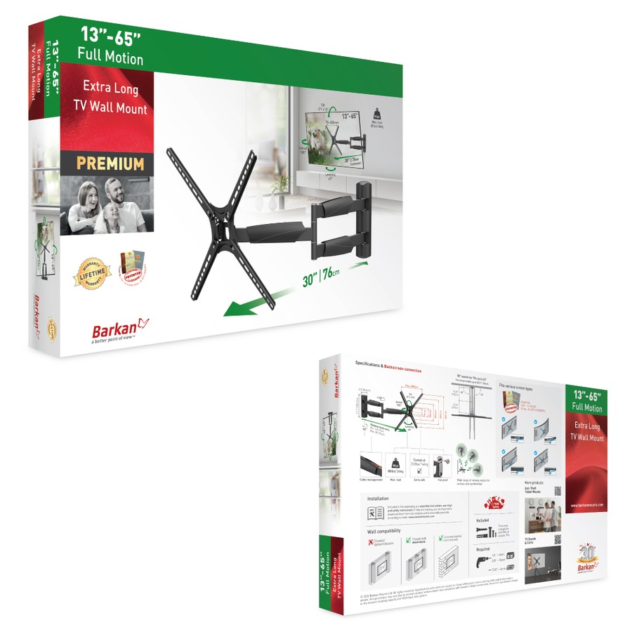 Barkan Full Motion Extra Long TV Wall Mount, 13" - 65" Inch Size, Black