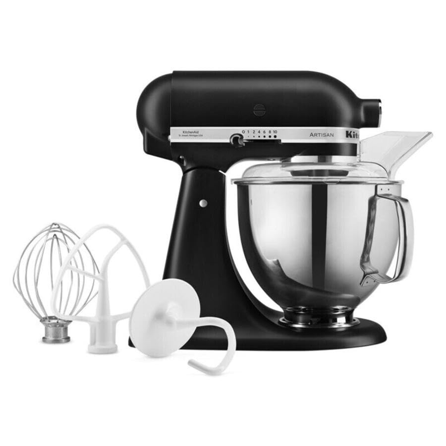 KitchenAid KSM150 Matte Black 300W 10 Speed 4.7L Stainless Steel Bowl Tilt-Head Stand Mixer, Whisk, Flat Beater, Dough Hook