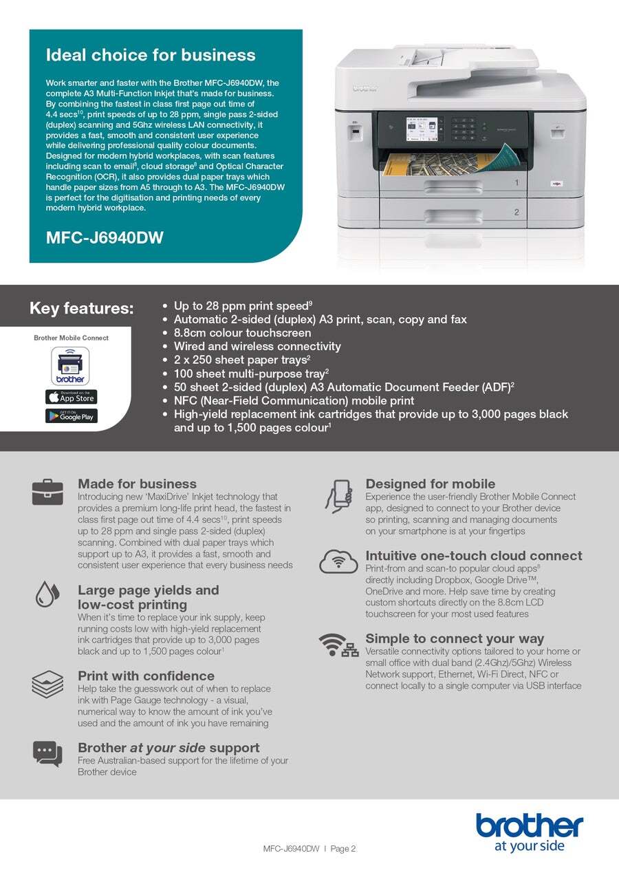 Buy MFCJ6940DW A3 Business Inkjet MultiFunction Printer with print speeds of 28ppm, dual tray