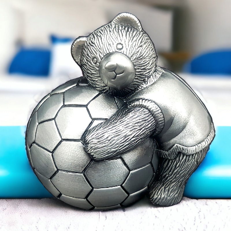 Buy Silver Pewter Teddy Bear Holding Soccer Ball Money Box MyDeal