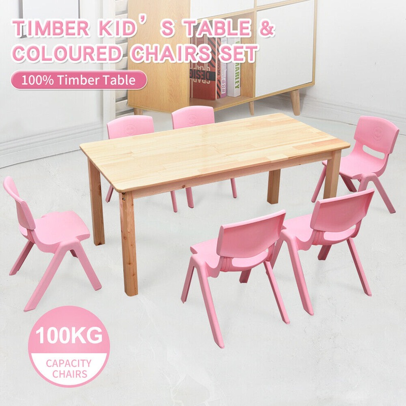 Buy FTYP 120X60Cm Wooden Pinewood Timber Kids Study Table & 6 Pink ...