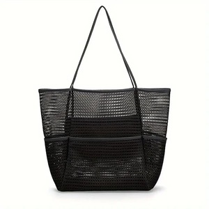 GGP Black Breathable Mesh Beach Tote Bag Large Capacity Sand Free Bag With Zipper Pocket & Multi Purpose Storage