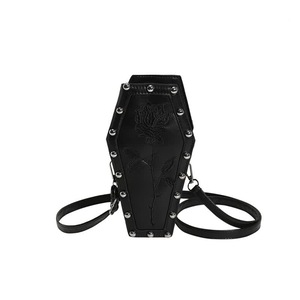 GGP Black Gothic Red Coffin Shaped Crossbody Bag With Embroidered Rose Unique Fashion Statement