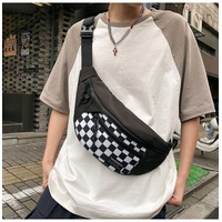 GGP Black Patchwork Black And White Check Trendy Checkered Crossbody Bag Color Block Chest Bag For Men And Women, Lightweight Nylon Waist Bag