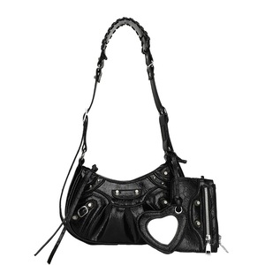 GGP Black Vintage Rivet Crescent Moon Bag With Card Holder & Mirror, French Retro Pu Leather Shoulder & Crossbody Motorcycle Bag For Women
