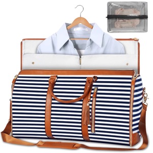 GGP Blue Stripe Convertible Garment Duffel Bag With Leather Accents Travel Weekender Bag For Suits And Dresses