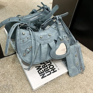 GGP Blue Vintage Rivet Crescent Moon Bag With Card Holder & Mirror, French Retro Pu Leather Shoulder & Crossbody Motorcycle Bag For Women