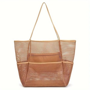 GGP Brown Breathable Mesh Beach Tote Bag Large Capacity Sand Free Bag With Zipper Pocket & Multi Purpose Storage