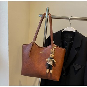 GGP Brown Elegant Black Pu Leather Tote Bag With Cute Bear Keychain Large Capacity Handbag For Women (38 X 26 X 13 Cm)
