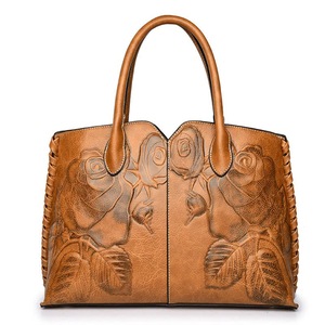 GGP Brown Elegant Embossed Rose Leather Handbag Vintage Style Tote Bag