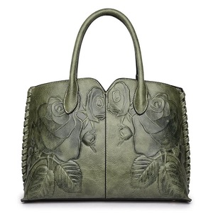 GGP Green Elegant Embossed Rose Leather Handbag Vintage Style Tote Bag