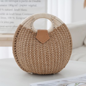 GGP Khaki Boho Circle Straw Bag Stylish Woven Tote With Round Handles