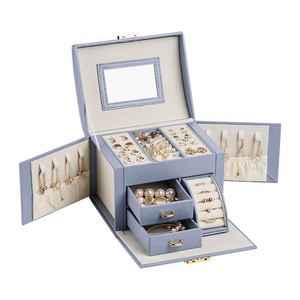 GGP Light Blue Luxury Pu Leather Jewelry Storage Box 3 Tier Organizer With Mirror For Necklaces, Earrings, And Rings(Jewelry Is A Photo Prop And Is Not Included)