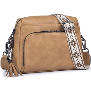 GGP Light Tan Vintage Multi Zip Crossbody Bag With Card Slots And Adjustable Strap, Minimalist Solid Color Shoulder Bag