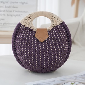 GGP Purple Boho Circle Straw Bag Stylish Woven Tote With Round Handles