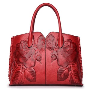GGP Red Elegant Embossed Rose Leather Handbag Vintage Style Tote Bag