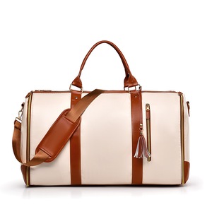GGP White And Brown Pu Leather Foldable Garment Bag, Women'S Travel Duffel With Suit Carrier, Multi Function Storage