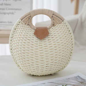 GGP White Boho Circle Straw Bag Stylish Woven Tote With Round Handles