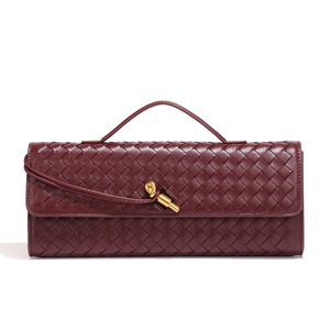 GGP Wine Red Luxury Woven Pu Leather Clutch Elegant Women'S Evening Baguette Bag With Adjustable Shoulder Strap