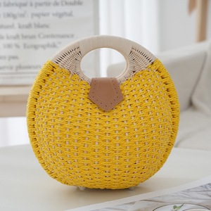 GGP Yellow Boho Circle Straw Bag Stylish Woven Tote With Round Handles