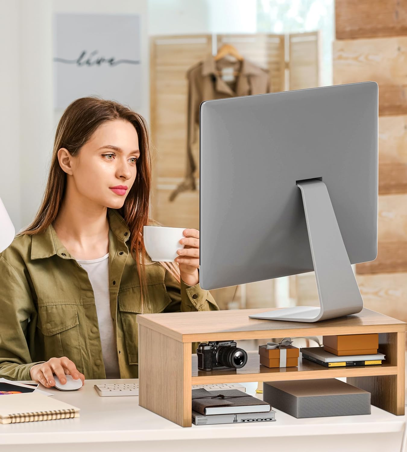 Buy Wooden 2-Tier Monitor Stand Riser with Cellphone Holder: Ergonomic ...