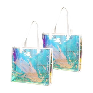 2PCS Transparent PVC Tote Bag Hologram Jelly Cosmetic GiftBag Iridescent Handbag
