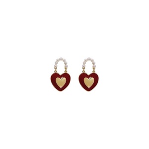 Burgundy Heart Pearl Stud Earrings Fashion Jewelry Elegant Women Accessories