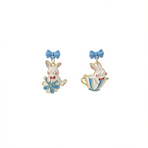 Cartoon Rabbit Earrings with Blue Bow Irregular Shape Cute Fashion Jewelry