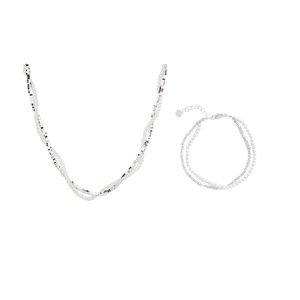 Double Layered Pearl Necklace Bracelet Set Silver Jewelry Women Fashion
