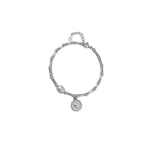 S925 Silver Handmade Bamboo Link Heart and Pearl Pendant Bracelet INS Style Jewelry