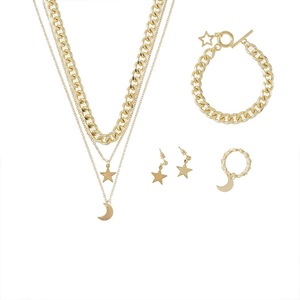 Moon Stars Pendant Necklace Bracelet Ring Earrings Jewelry Set Women Gift