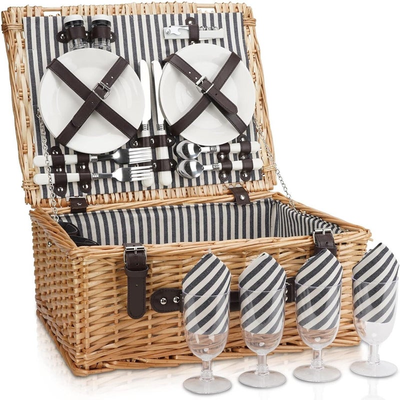 Buy 4 Person Picnic Basket, Large Willow Hamper Set with Large ...