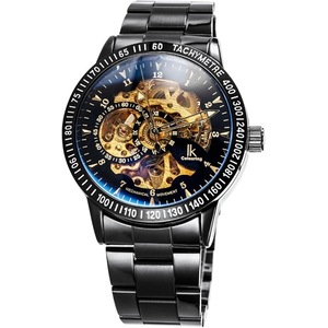 Alienwork IK Mechanical Automatic Watch Men Women Watches for Boys Ladies Stainless Steel Metal Strap black Analogue Unisex Self-winding Waterproof Skeleton