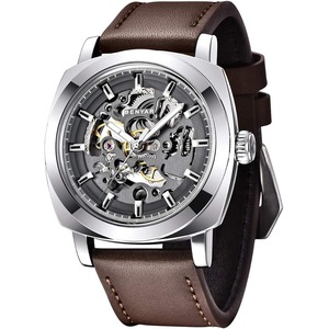 Benyar Automatic Watches for Men - Skeleton Mechanical Leather Strap Mens Watch - 45mm Dial - 30M Waterproof - Men's Stylish Gift