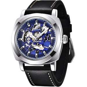 Benyar Automatic Watches for Men - Skeleton Mechanical Leather Strap Mens Watch - 45mm Dial - 30M Waterproof - Men's Stylish Gift