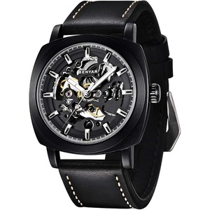 Benyar Automatic Watches for Men - Skeleton Mechanical Leather Strap Mens Watch - 45mm Dial - 30M Waterproof - Men's Stylish Gift
