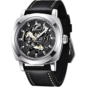 Benyar Automatic Watches for Men - Skeleton Mechanical Leather Strap Mens Watch - 45mm Dial - 30M Waterproof - Men's Stylish Gift