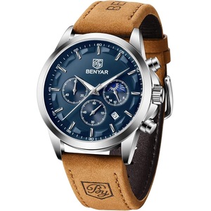 BENYAR - Wrist Watch for Men, Genuine Leather Strap Watches, Quartz Movement, Waterproof Analog Chronograph Watches