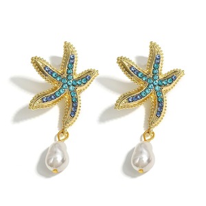 Bohemia Star and Fish Earrings for Women, Drop Pearl, Blue Rhinestones Dangle, Starfish Jewelry, Summer Holiday, Beach Gifts