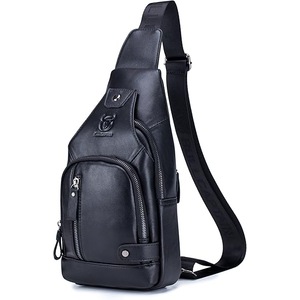 BULLCAPTAIN Genuine Leather Mens Sling Bag Multipurpose Travel Crossbody Chest Bag Daypacks with USB Charging Port
