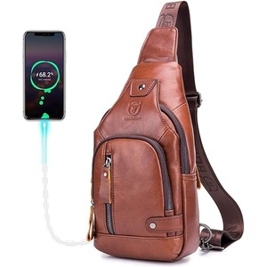 BULLCAPTAIN Genuine Leather Mens Sling Bag Multipurpose Travel Crossbody Chest Bag Daypacks with USB Charging Port