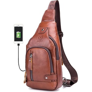 BULLCAPTAIN Leather Men Sling Bags Travel Crossbody Chest Bag Hiking Daypack with USB Charging Port Multi-Pocket, Brown, One_Size